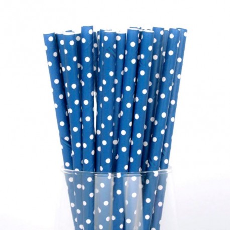 25 PAJITAS PAPEL AZUL MARINO CON LUNARES BLANCOS