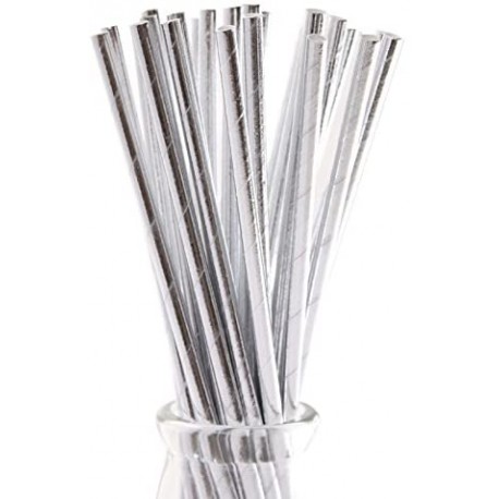 PACK 14 PAJITAS PAPEL PLATEADAS LISAS