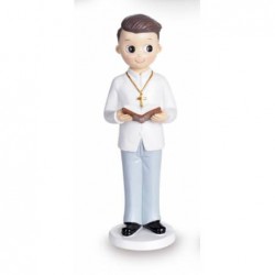 FIGURA NIÑO COMUNION CON BIBLIA Y TRAJE BLANCO Y GRIS