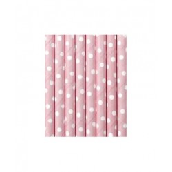 PACK 14 PAJITAS PAPEL ROSA BEBE CON LUNARES BLANCOS