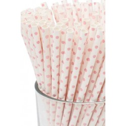 PACK 25 PAJITAS PAPEL BLANCAS CON LUNARES ROSAS PEQUEÑOS