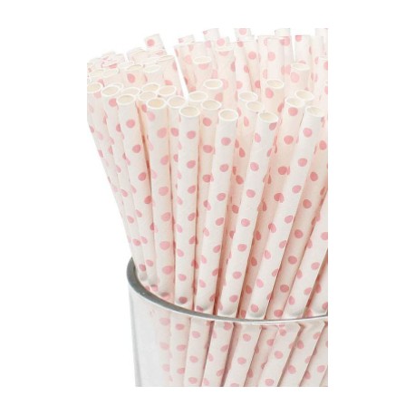 PACK 25 PAJITAS PAPEL BLANCAS CON LUNARES ROSAS PEQUEÑOS