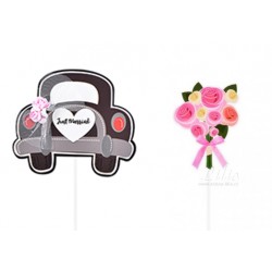 SET 2 TOPPER BODA JUST MARRIED COCHE Y RAMO CARTON