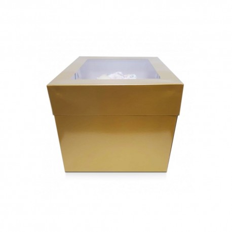 CAJA EXTRA ALTA 25 CM CON VENTANA SUPERIOR COLOR DORADO