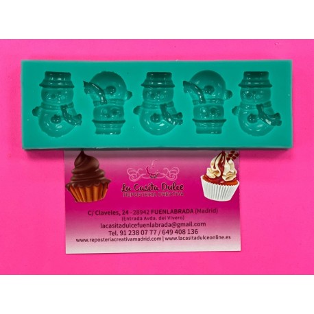 MOLDE SILICONA 5 MUÑECOS DE NIEVE CON GORRO Y BUFANDA