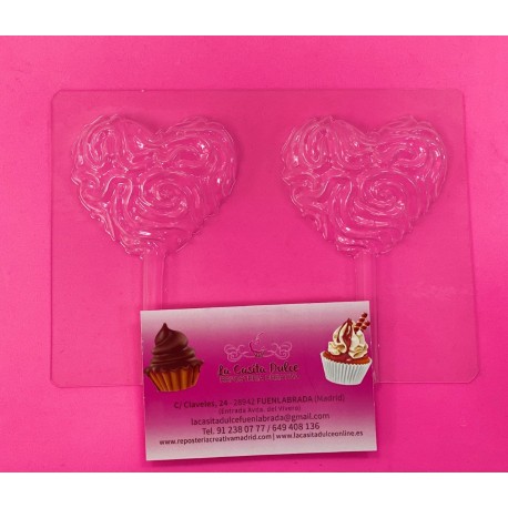 MOLDE PVC 2 PIRULETAS CORAZON 3D CON RELIEVE