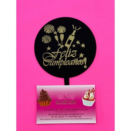 TOPPER FELIZ CUMPLEAÑOS NEGRO Y ORO PLACA REDONDO