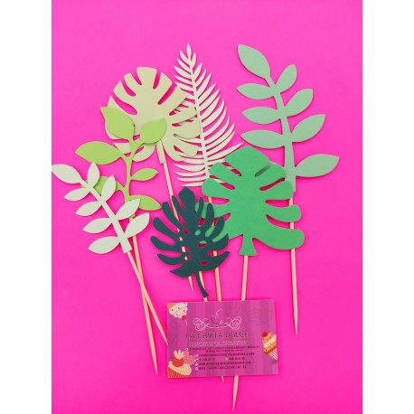 SET 3 TOPPER HOJAS TROPICALES VERDE BRILLANTE CARTON