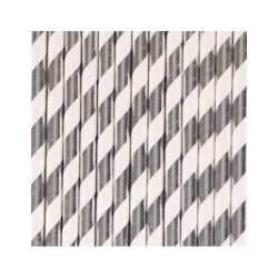 PACK 14 PAJITAS PAPEL PLATEADAS Y BLANCAS RAYAS