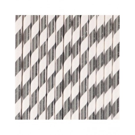 PACK 14 PAJITAS PAPEL PLATEADAS Y BLANCAS RAYAS