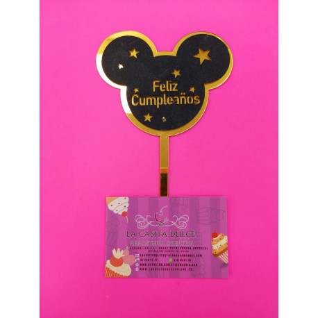 TOPPER FELIZ CUMPLEAÑOS MICKEY NEGRO Y ORO