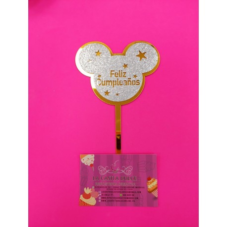 TOPPER FELIZ CUMPLEAÑOS MICKEY PLATA Y ORO