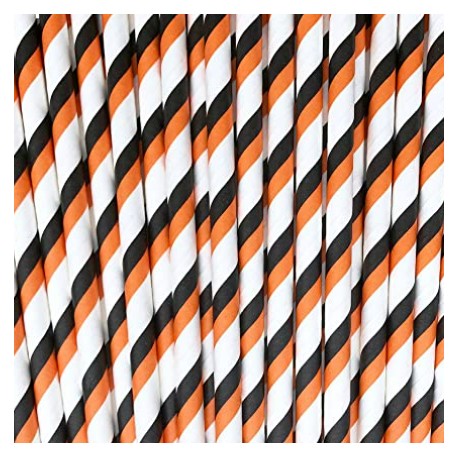 PACK 25 PAJITAS PAPEL NARANJA NEGRO Y BLANCAS RAYAS