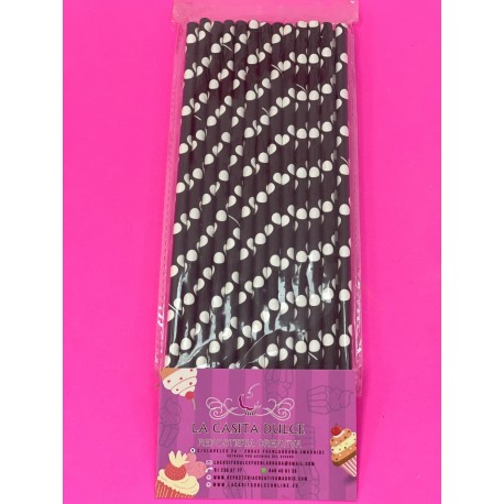 PACK 25 PAJITAS PAPEL NEGRAS PUNTOS BLANCOS