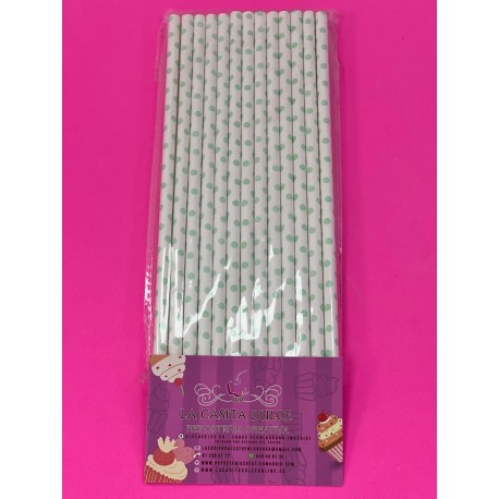 PACK 25 PAJITAS PAPEL BLANCAS PUNTOS VERDE MENTA