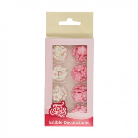 SET 64 FLORECITAS ROSA Y BLANCO AZUCAR FUNCAKES