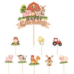 SET 9 TOPPERS ANIMALES DE LA GRANJA CARTON CUPCAKES Y TARTA