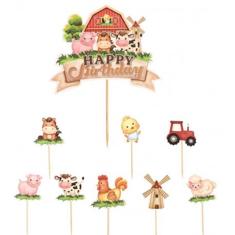 SET 9 TOPPERS ANIMALES DE LA GRANJA CARTON CUPCAKES Y TARTA