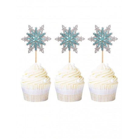 SET 6 TOPPER COPOS DE NIEVE AZUL Y PLATA CARTON