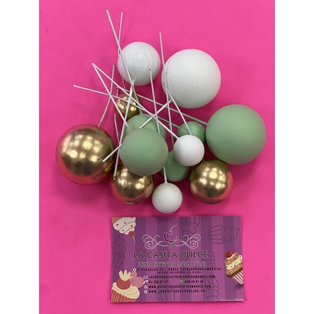 PACK 13 BOLAS O BURBUJAS TOPPER DECORACION MIX VERDE Y ORO