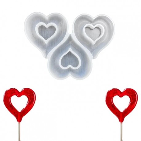 MOLDE SILICONA 3 PIRULETAS CORAZON HUECO