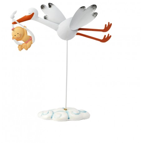 FIGURA CIGÜEÑA CON NIÑA VOLANDO METAL