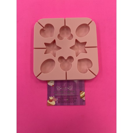 MOLDE SILICONA 8 PIRULETAS CORONAS DE ESTRELLA MICKEY Y FORMAS