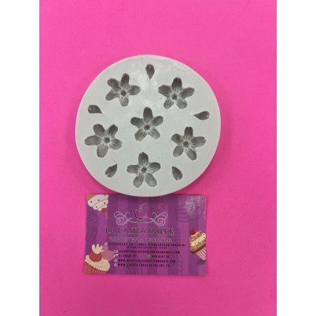 MOLDE SILICONA 6 FLORECITAS VIOLETAS Y HOJAS