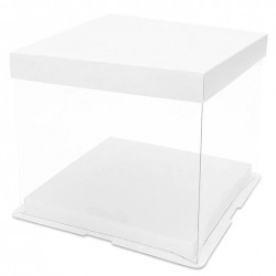 CAJA TRANSPARENTE CON BASE Y TAPA BLANCA 25 CM