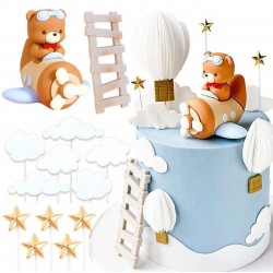 SET TOPPER 3D OSITO EN AVION CON ESCALERA NUBES Y ESTRELLAS