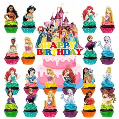 SET TOPPER PRINCESAS DISNEY HAPPY BIRTHDAY TARTA Y CUPCAKES
