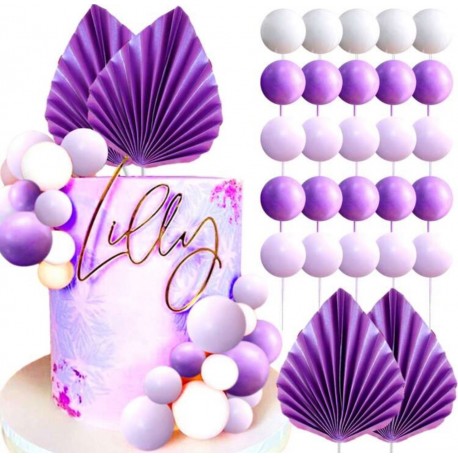 PACK TOPPER DECORACION BURBUJAS PALMAS Y FLORES MORADOS