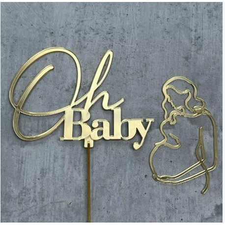 TOPPER OH BABY Y MUJER MAMA EMBARAZADA PARA FRENTE ORO