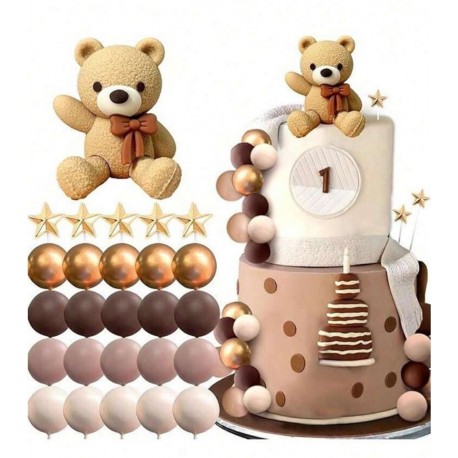 SET TOPPER 3D OSITO MARRON CON BURBUJAS Y ESTRELLAS