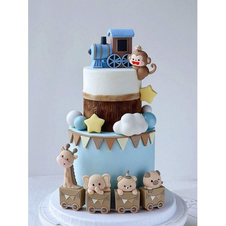 SET TOPPER 3D TREN MARRON CON ANIMALES Y MONO ESCALADOR