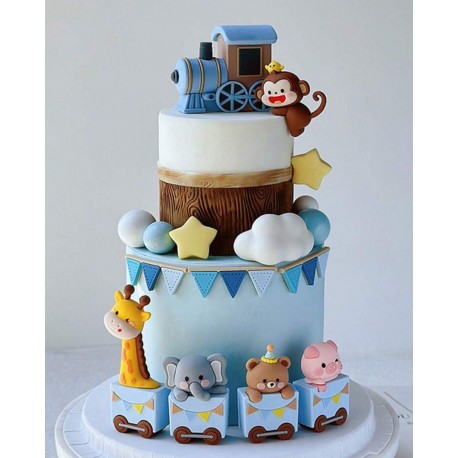 SET TOPPER 3D TREN AZUL CON ANIMALES Y MONO ESCALADOR