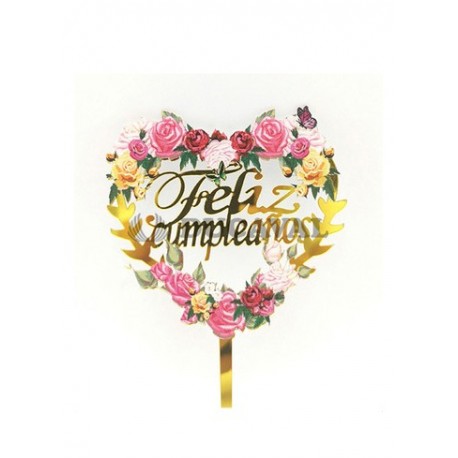 TOPPER FELIZ CUMPLEAÑOS DORADO CORAZON FLORES