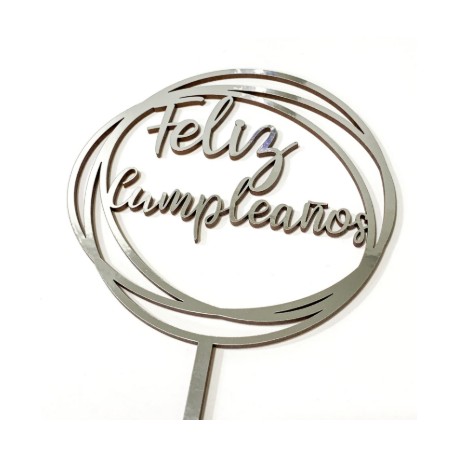 TOPPER FELIZ CUMPLEAÑOS PLATEADO REDONDO DOBLE
