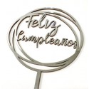 TOPPER FELIZ CUMPLEAÑOS PLATEADO REDONDO DOBLE