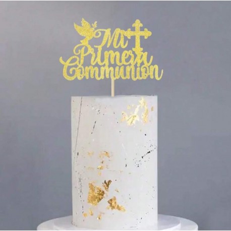 TOPPER PRIMERA PALOMA Y CRUZ DORADO CARTON