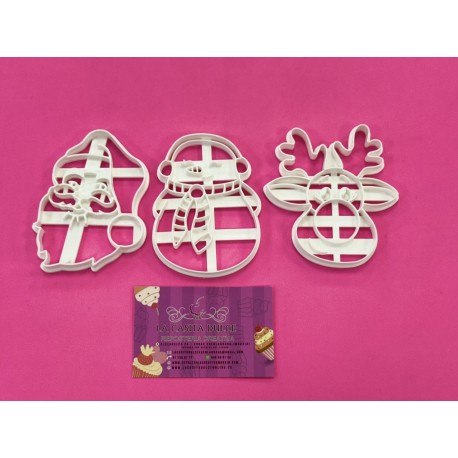 SET 3 CORTADORES NAVIDAD CON MARCADOR RENO PAPA NOEL Y MUÑECO DE NIEVE