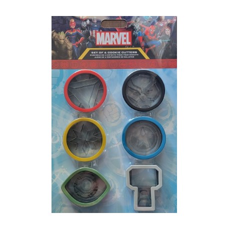 SET 6 CORTADORES METALICOS GALLETAS MARVEL CON AGARRE DE COLORES