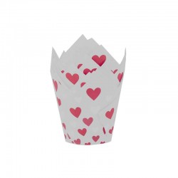 50 CAPSULAS MUFFINS SAN VALENTIN BLANCAS CON CORAZONES ROJOS AZUCREN