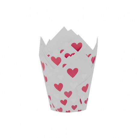 50 CAPSULAS MUFFINS SAN VALENTIN BLANCAS CON CORAZONES ROJOS AZUCREN