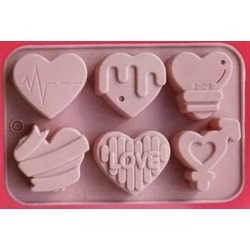 MOLDE SILICONA 6 CORAZONES DECORADOS