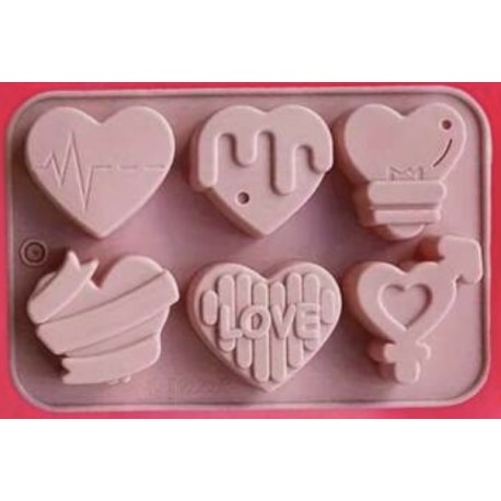 MOLDE SILICONA 6 CORAZONES DECORADOS
