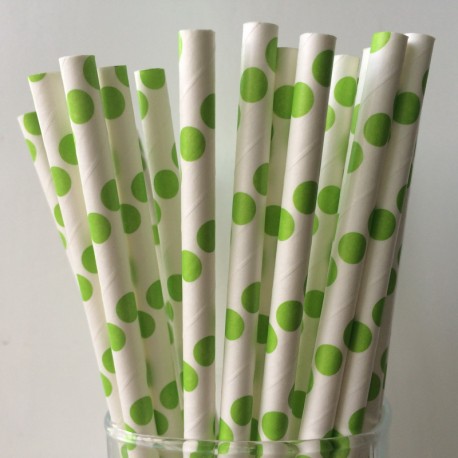 25 PAJITAS PAPEL BLANCAS CON LUNARES VERDES GR