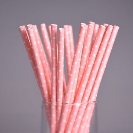 25 PAJITAS PAPEL ROSAS CON LUNARES BLANCOS PEQ