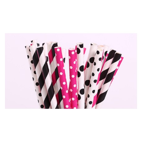 25 PAJITAS PAPEL ROSA FUCSIA Y NEGRO