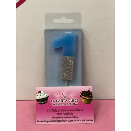 VELA Nº 1 AZUL Y PLATA GLITTER
